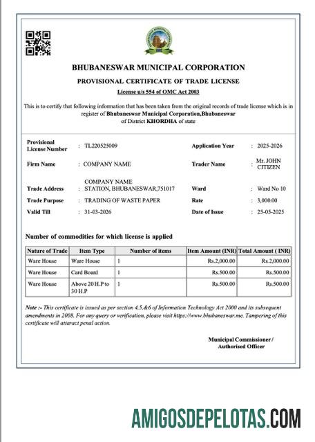 Certificado Provisório de Licença Comercial realista da Índia Bhubaneswar modelo Word e PDF